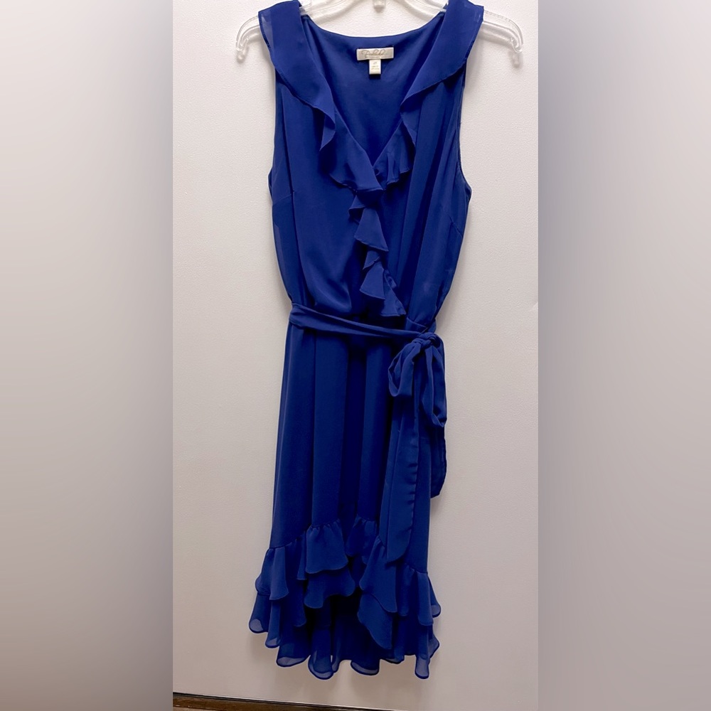 Blue ruffled dress with tie belt, size 12